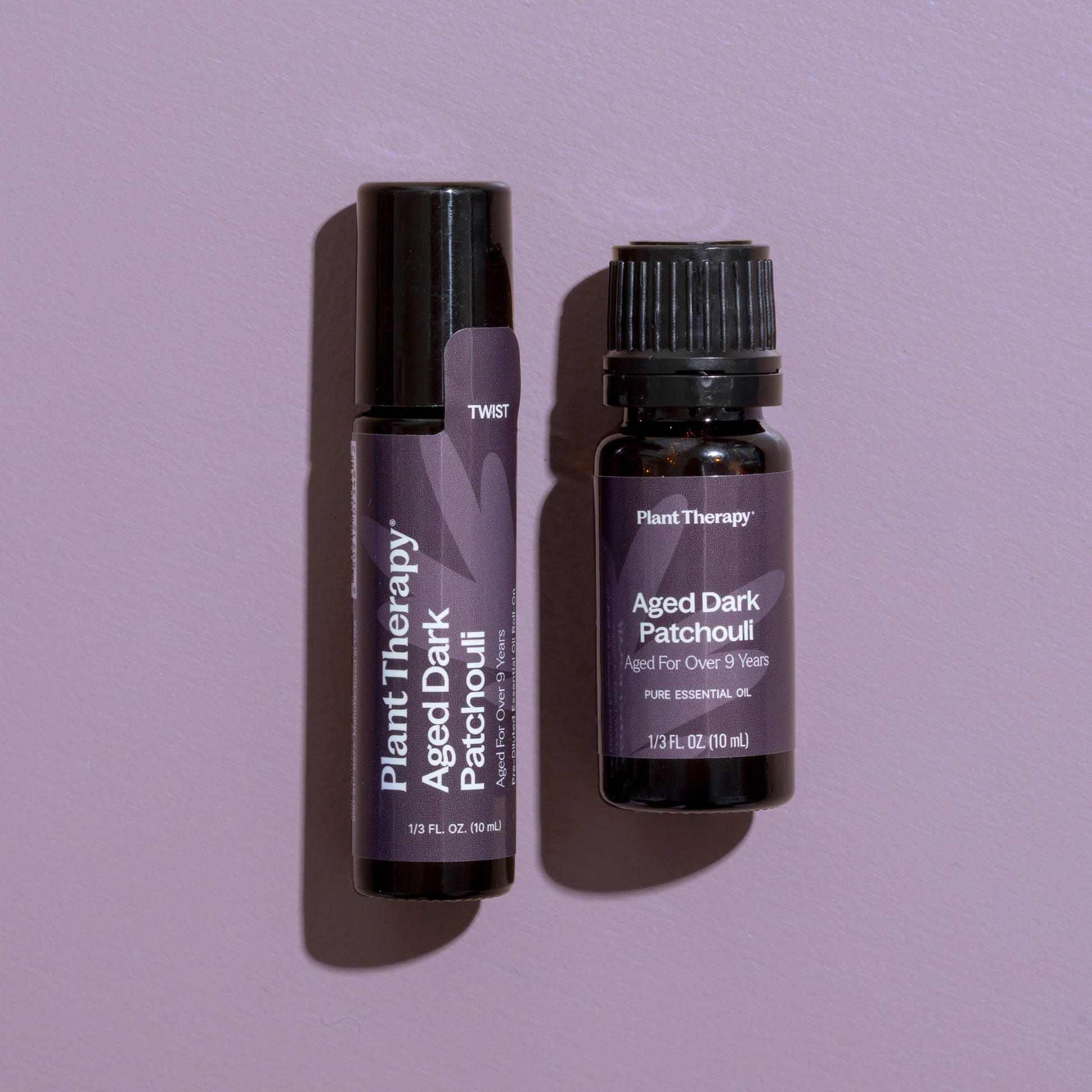 Aged Dark Patchouli Roll On and 10ml Pure Essential Oil Bottle