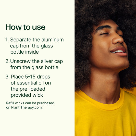 How to use: 1. separate the aluminum cap from the glass bottle inside. 2. Unscrew the silver cap from the glass bottle. 3. Place 5-15 drops of essential oil on the pre-loaded wick