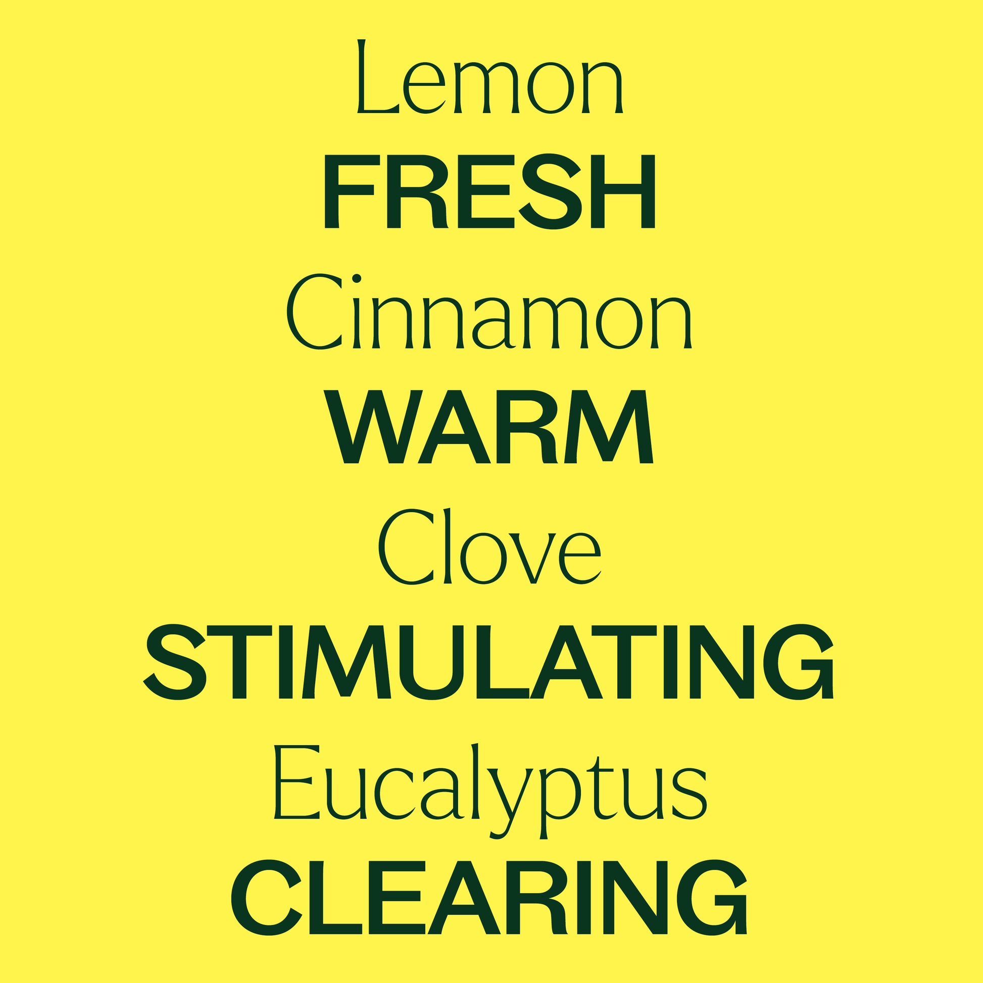 Lemon, cinnamon, clove, eucalyptus. fresh, warm, stimulating, clearing.