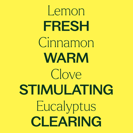 Lemon, cinnamon, clove, eucalyptus. fresh, warm, stimulating, clearing.