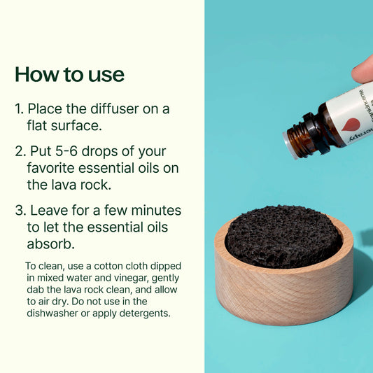 How to use: place on a flat surface. put 5-6 drops of your favorite oils onto the rock. Leave for a few min to absorb. To clean, use a cotton cloth dipped in mixed water and vinegar, gently dab the rock clean. Do not use in the dishwasher or apply detergents.
