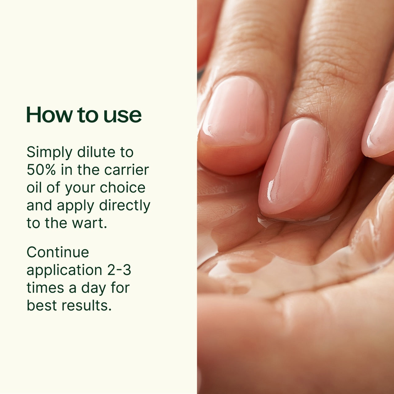 No More Warts KidSafe Essential Oil how to use: Dilute to 50% in the carrier oil of your choice and apply directly to wart. Continue application 2-3 times a day for best results. 