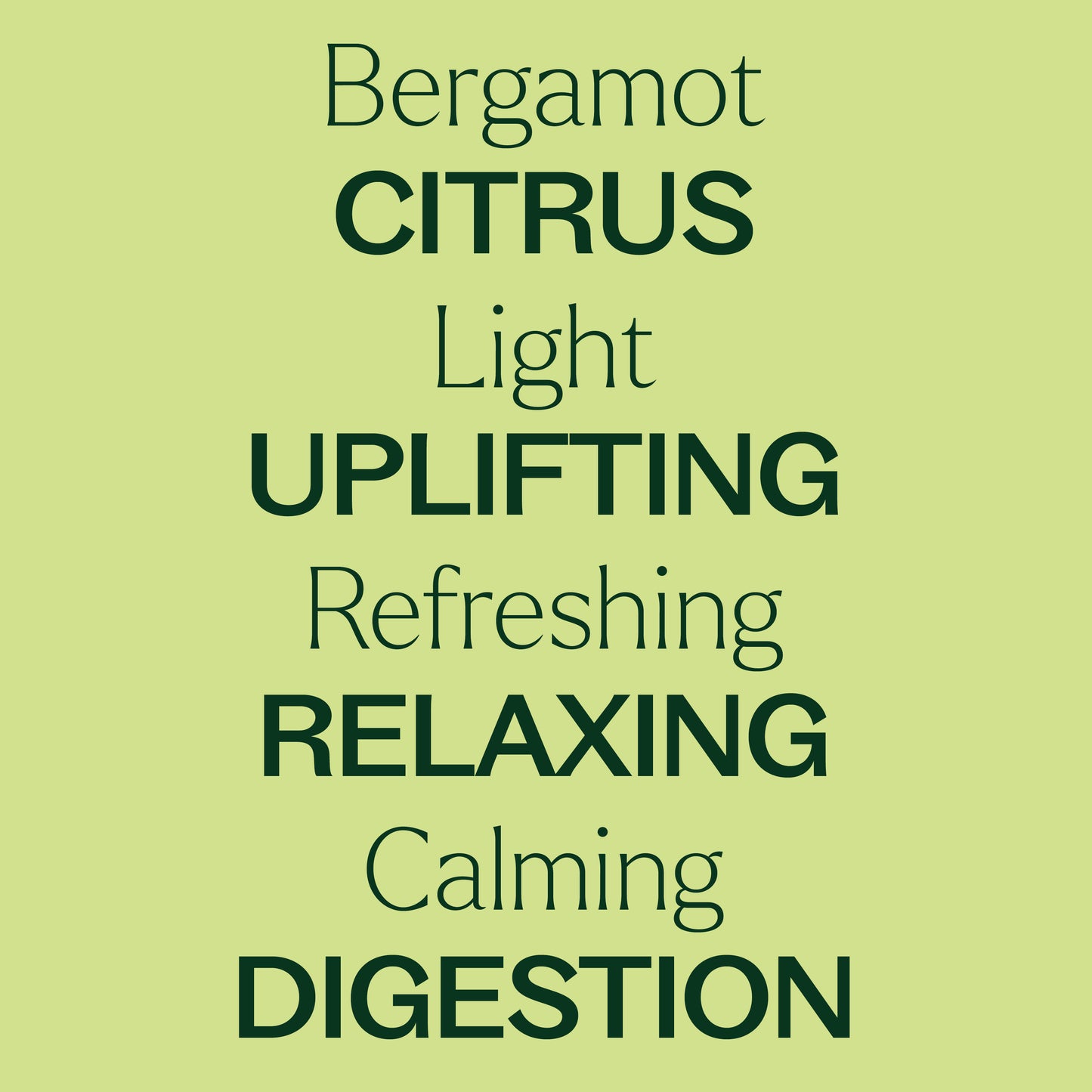 Key features Organic Bergamot Essential Oil: citrus, light, uplifting, refreshing, relaxing, calming, digestion