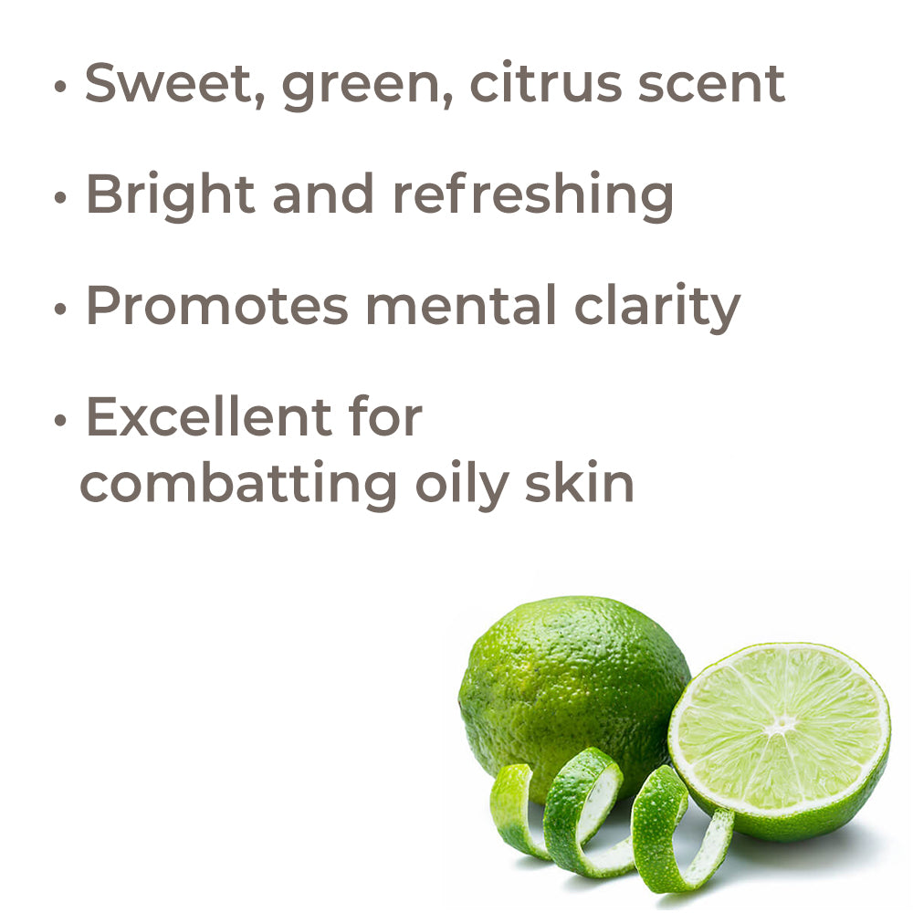 Sweet green citrus scent. Bright and refreshing. Promotes mental clarity. Excellent for combatting oily skin.