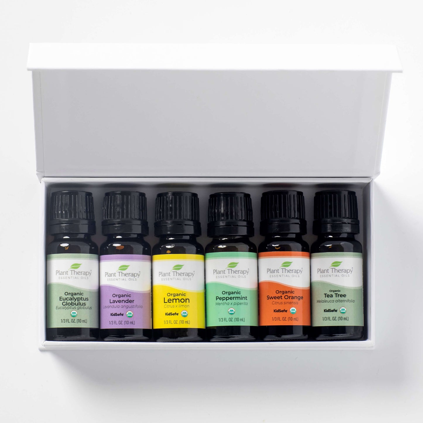 Top 6 Organic Singles Essential Oil Set, open box with front bottle labels 