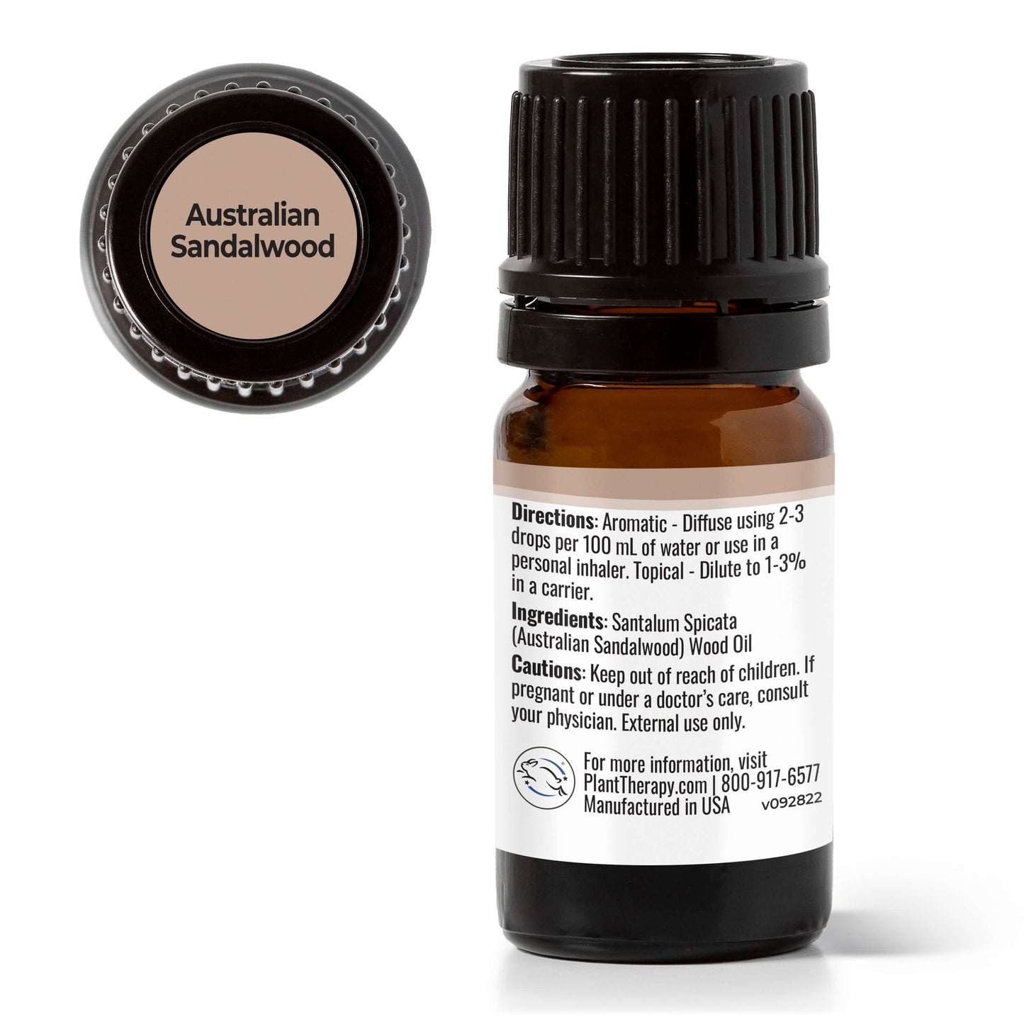 Australian Sandalwood Essential Oil back label with directions and ingredient panels
