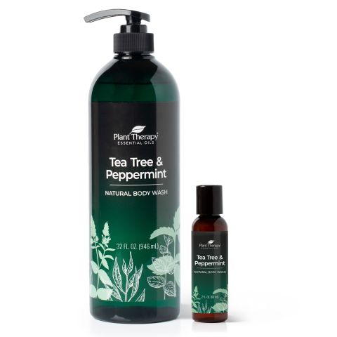 Plant Therapy Tea Tree and Peppermint Essential Oil Natural Body Wash w/Pump 32 oz with 2oz Travel Size for All Skin Types Sulfate Free Body Wash
