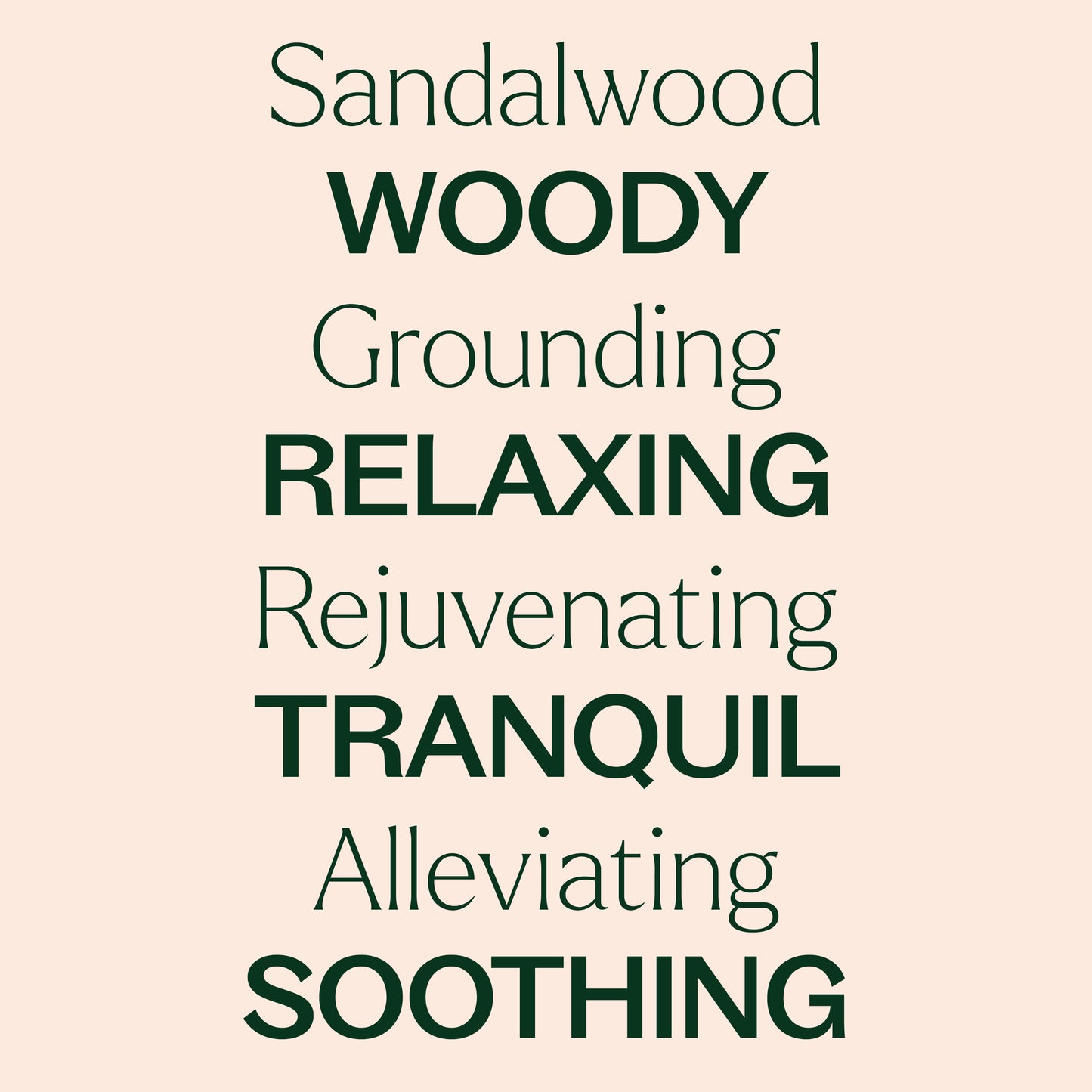 Australian Sandalwood Essential Oil key features. Woody, grounding, relaxing, rejuvenating, tranquil, alleviating, soothing