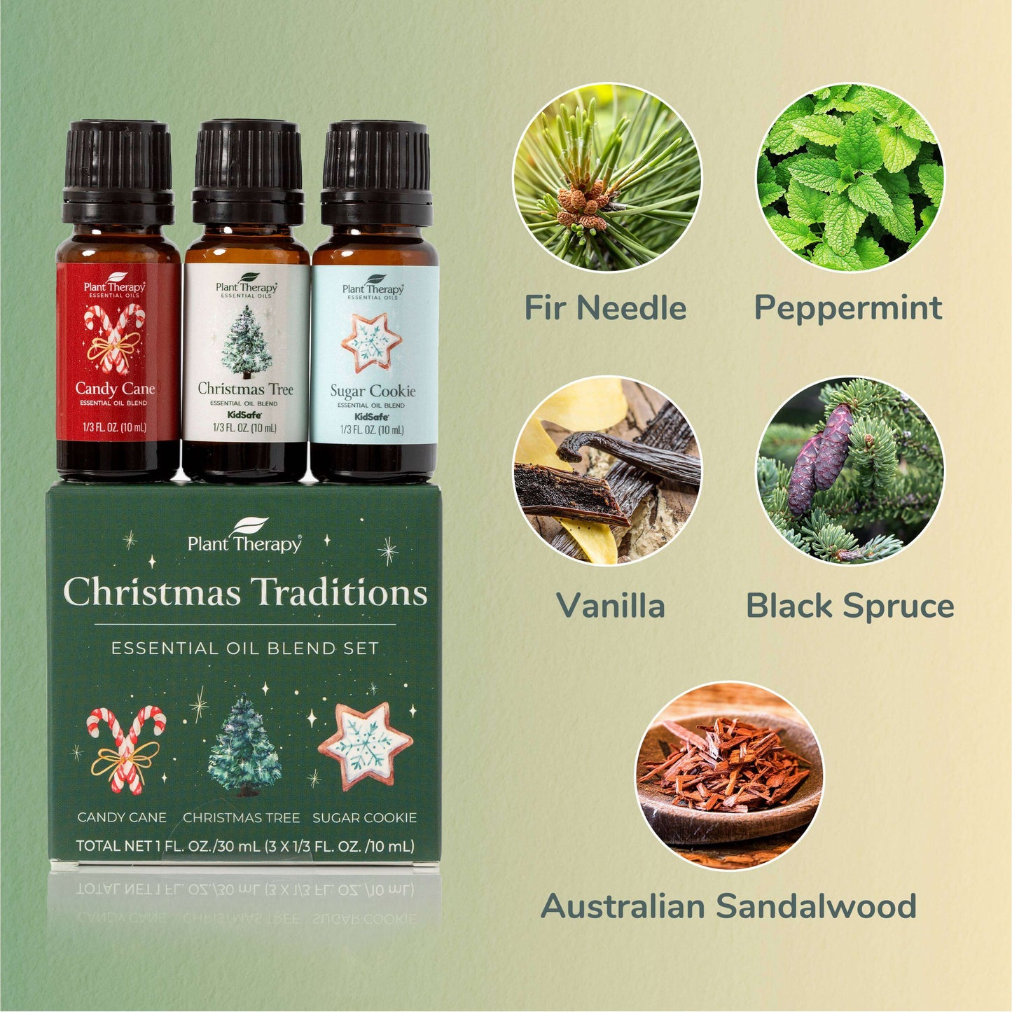 Fir Needle, Peppermint, Vanilla, Black Spruce, Sandalwood