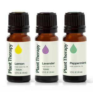 Three 10 milliliter bottles of Lemon, Lavender, and Peppermint Essential oil on a white background.