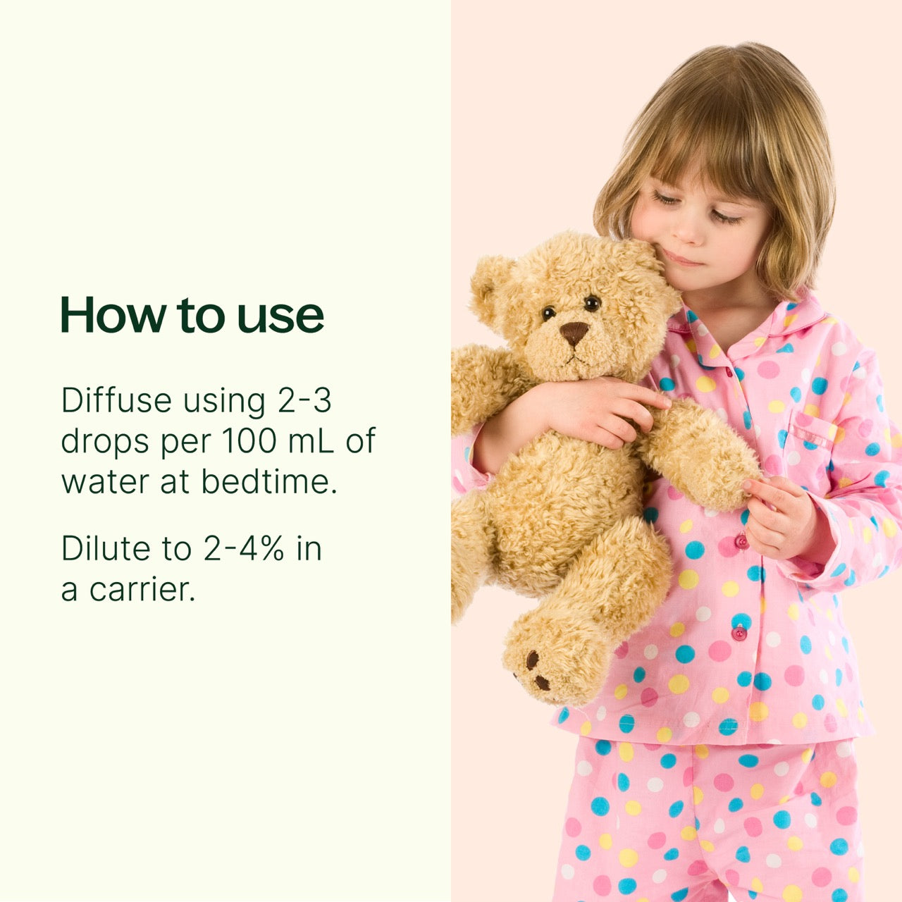 Nighty Night KidSafe Essential Oil How to Use: Diffuser using 2-3 drops per 100 mL of water at bedtime. Dilute to 2-4% in a carrier.