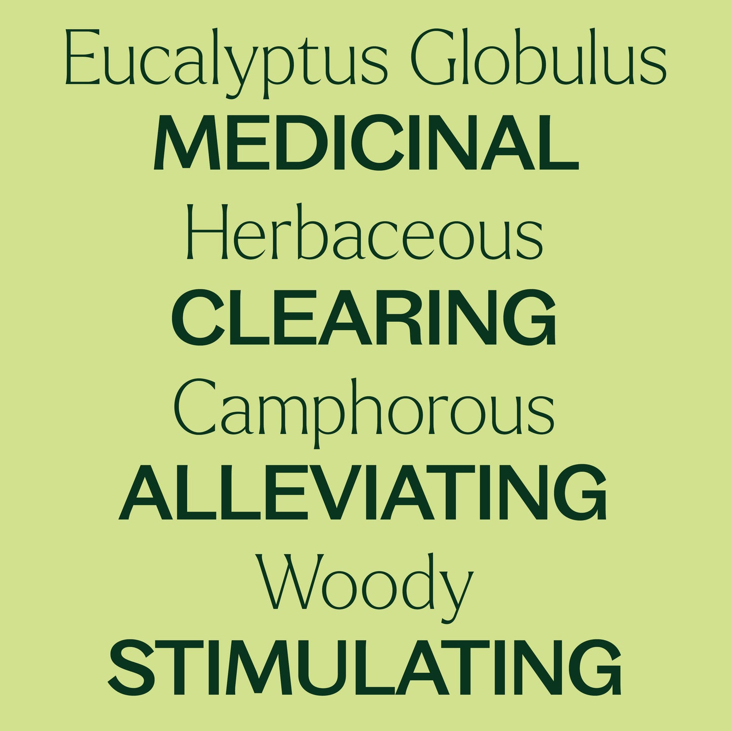 Key features Organic Eucalyptus Globulus Essential Oil: medicinal, herbaceous, clearing, camphorous, alleviating, woody, stimulating