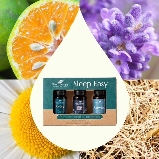 Sleep Easy Essential Oil Blend Set with key ingredient images
