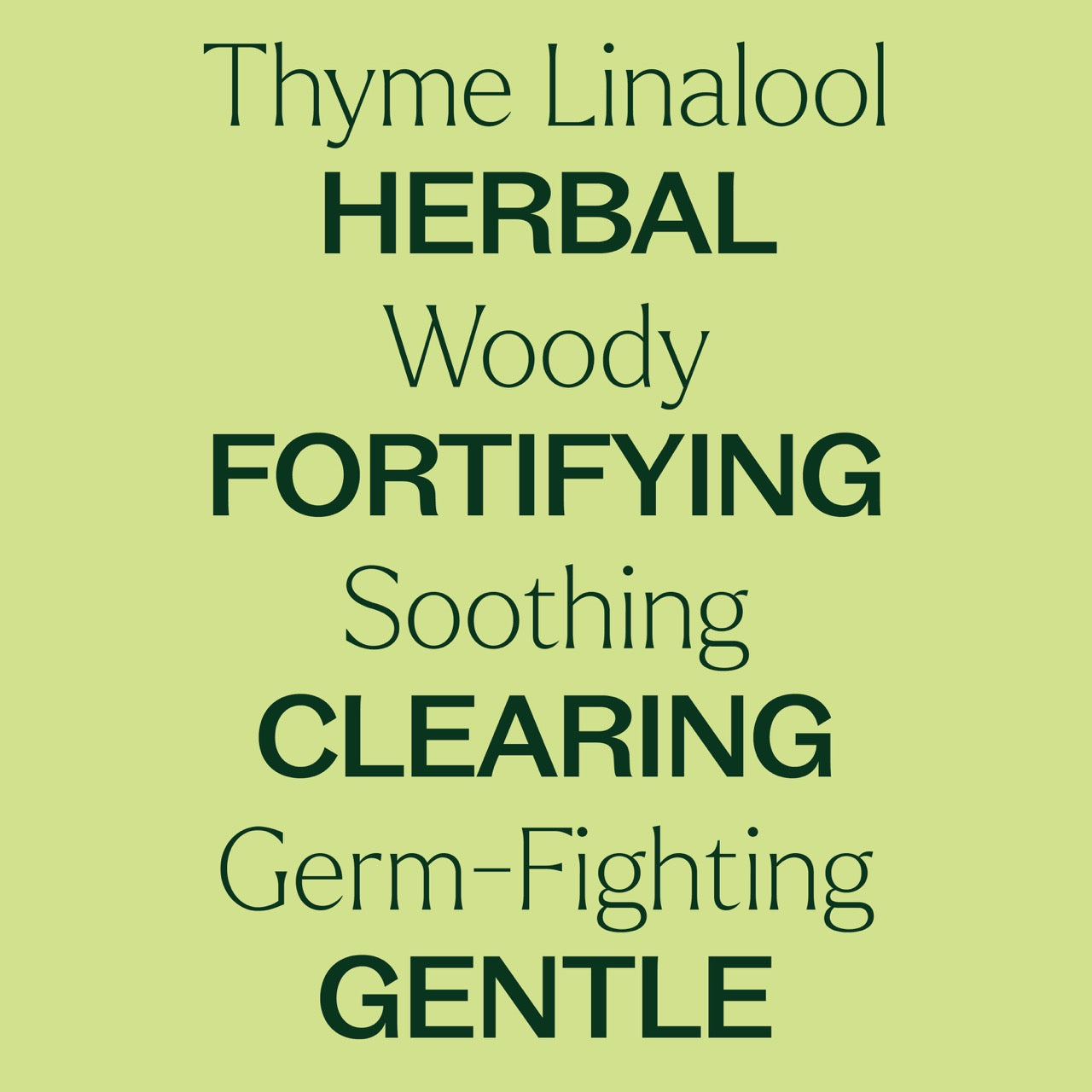 Thyme Linalool Essential Oil key feature: herbal, woody, fortifying, soothing, clearing, germ-fighting, gentle