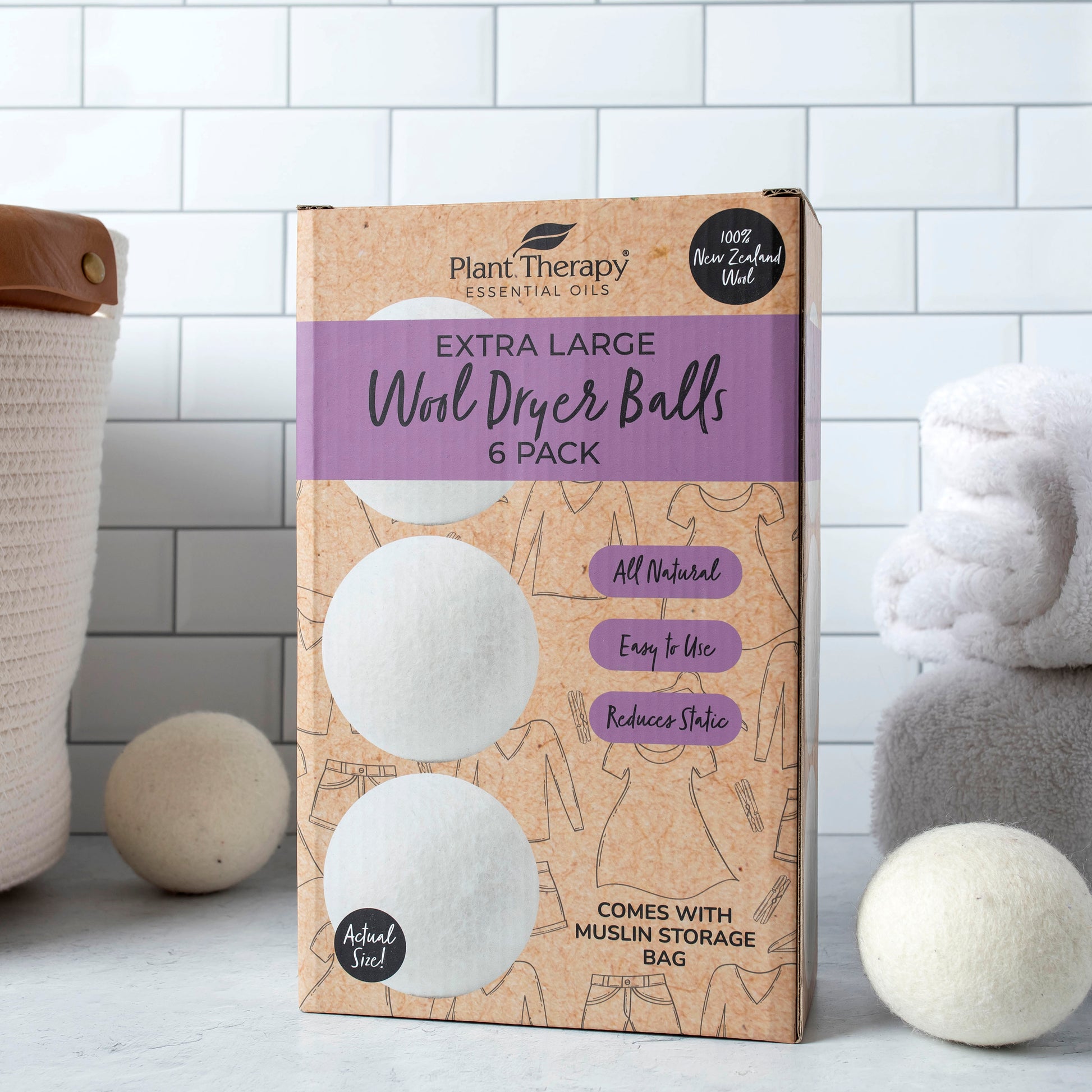 Plant Therapy Wool Dryer Balls 6-Pack 100% New Zealand Wool, Extra Large, Eco-Friendly, Reusable Natural Fabric Softener, All Natural & Chemical Free