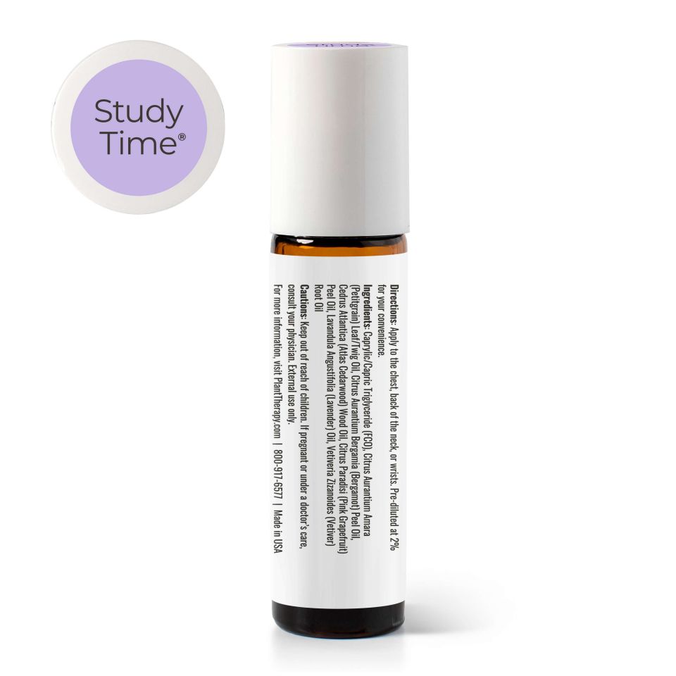 Study Time KidSafe Essential Oil Pre-Diluted Roll-On back label ingredient and directions panel